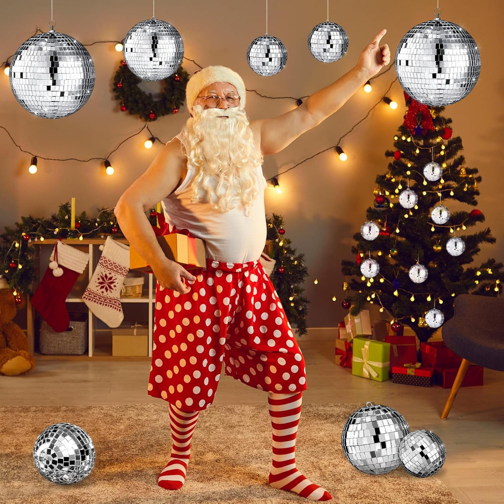 8 Pcs Large Disco Ball Set Silver Mirror Disco Reflective Ball with Hanging Ring