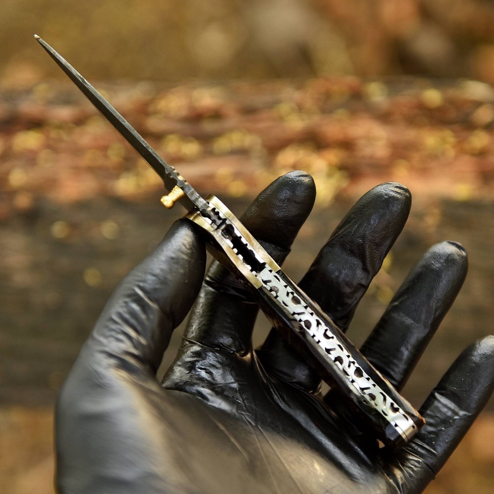 Hand Forged Damascus Folding Pocket Knife Dagger Blade Multiple Tool with Sheath