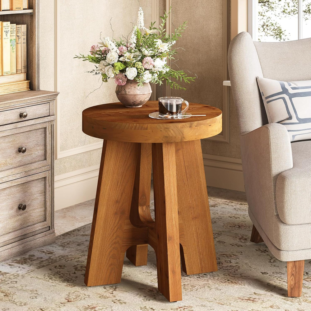 Round Side Table, Farmhouse Solid Wood End Table for Couch, Mid Century Modern S