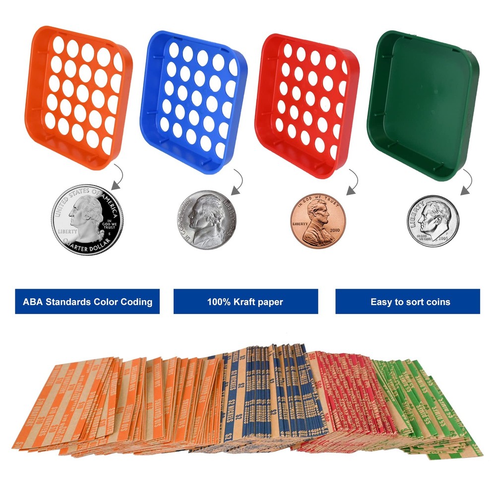 ESSENTIAL Coin Sorters Tray, 4 ColorCoded Coin Sorting Tray with 160 Assorted...