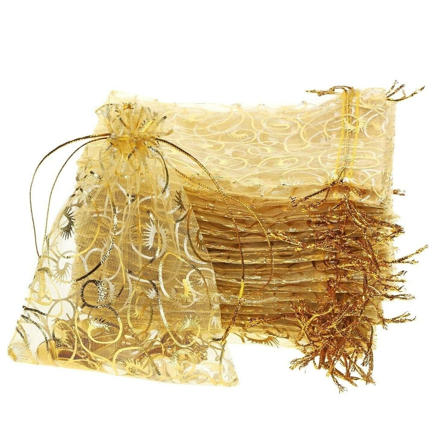 100x Gold Sheer Organza Bags 4x5 Inch Mesh Jewelry Favor Drawstring Gifts Bags