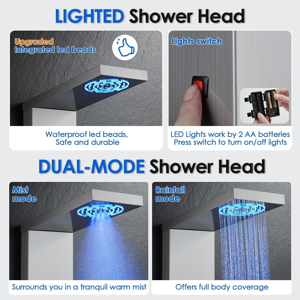 ROVOGO Led Shower Panel Tower System, 2-Setting Lighted Shower Head (Rainfall...