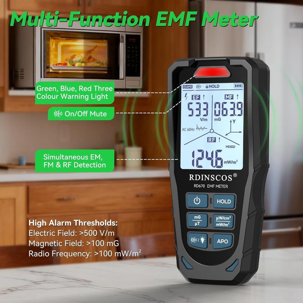 Multi-Sensor EMF Detector for Electric & RF Fields - Instant Alerts & Mute Mode