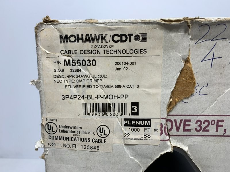 Mohawk M56030 Communication Cable 4PR 24AWG Plenum 1000'