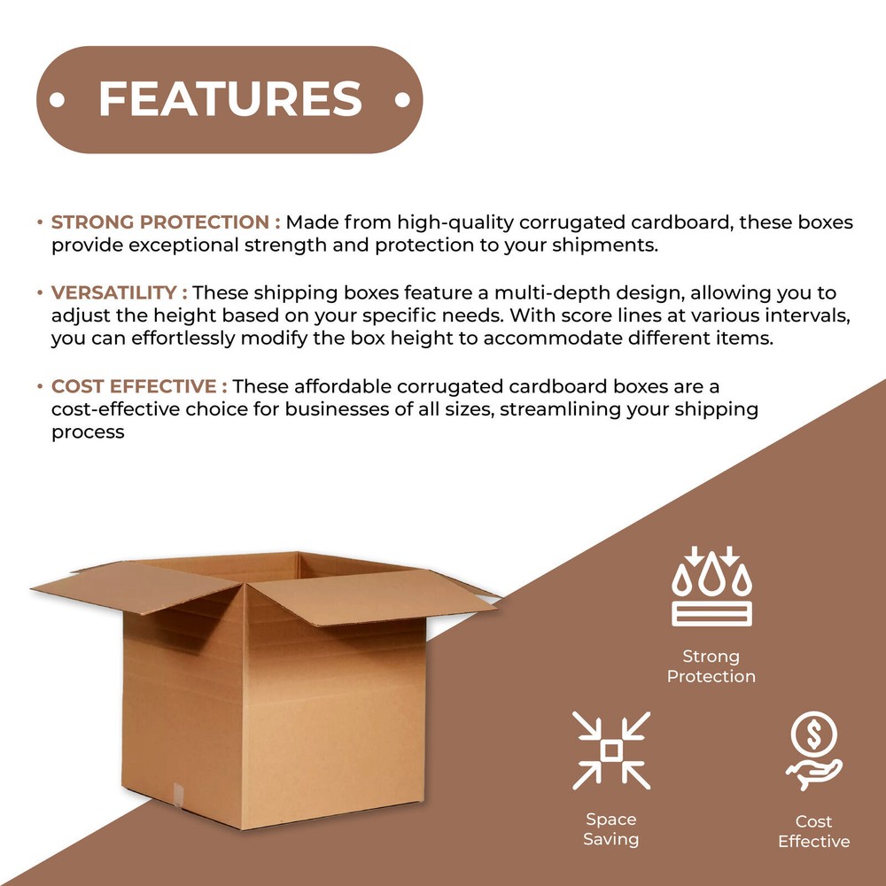 12 1/2 x 12 1/2 x 6" Multi-Depth Corrugated Boxes, Brown 25/Bundle ECT-32