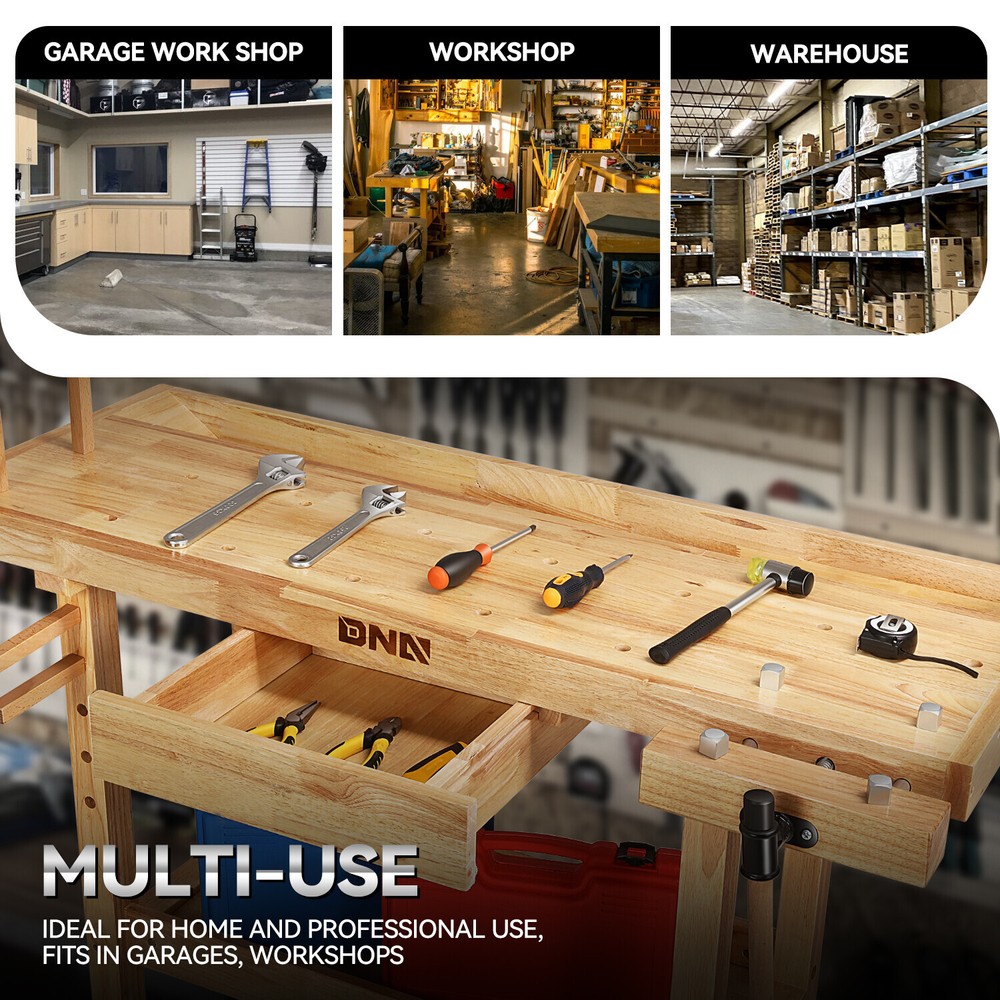 Solid Rubber Wood Workbench Work Desk w/ Drawer + Open Space + Adjustable Handle