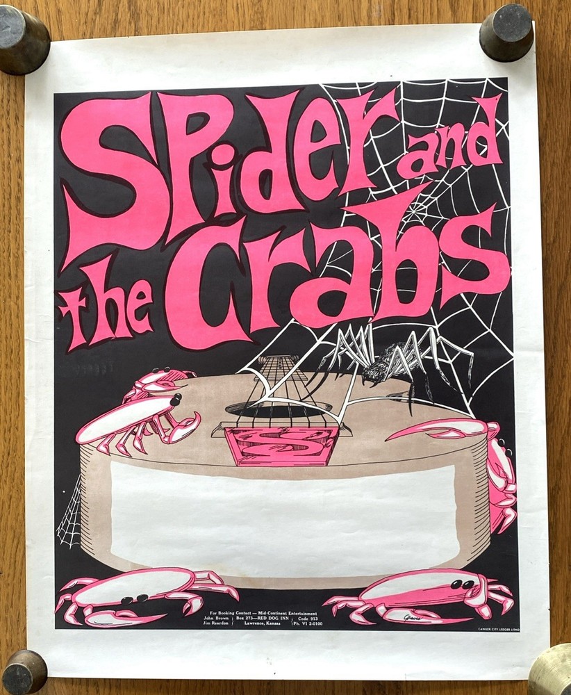 Vintage SPIDER And THE CRABS Tour Band Poster! 1964. Lawrence Kansas! 14x17 1/2