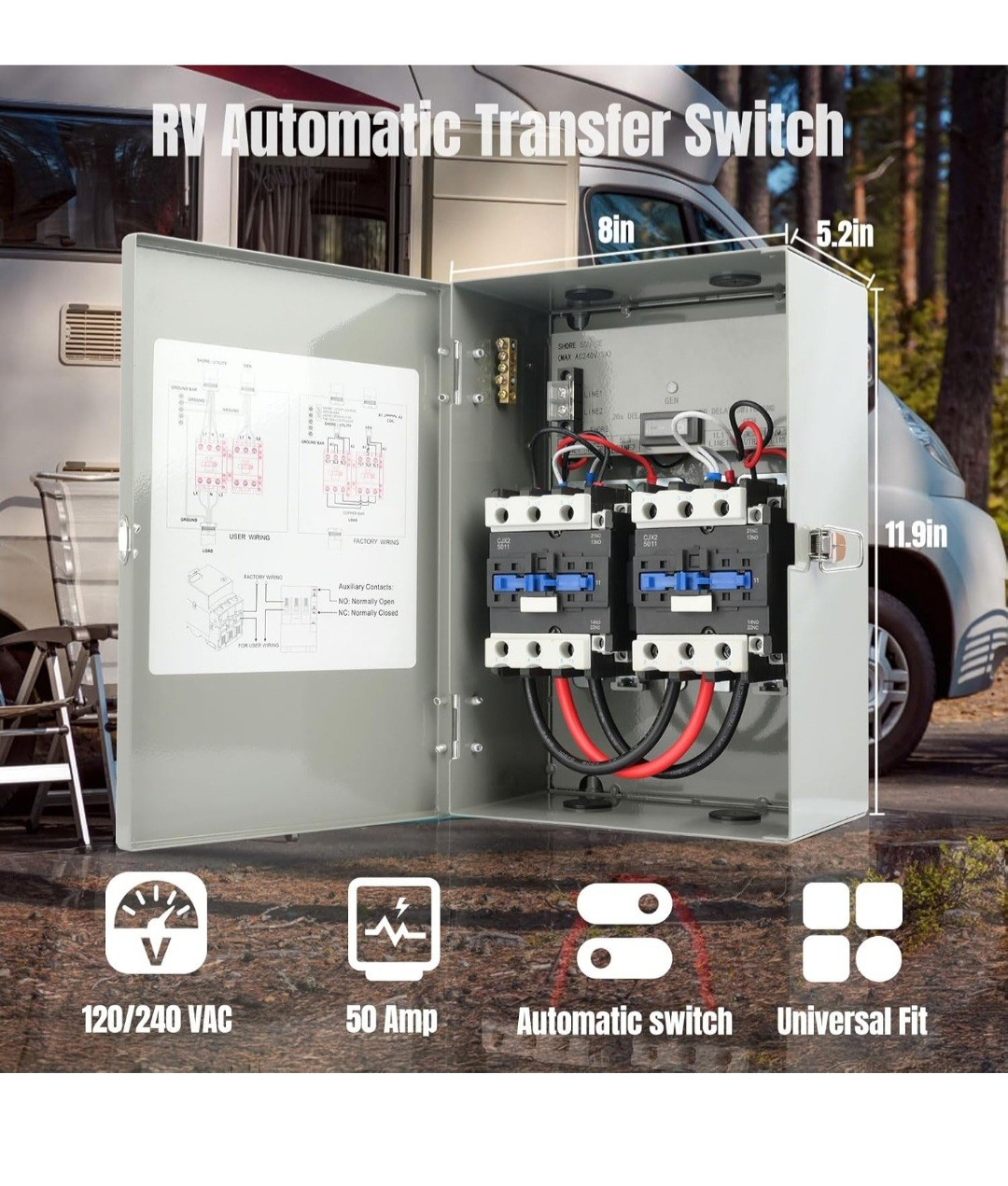50 Amp RV Automatic Transfer Switch, 120/240 VAC Safety Power Monitoring Switch