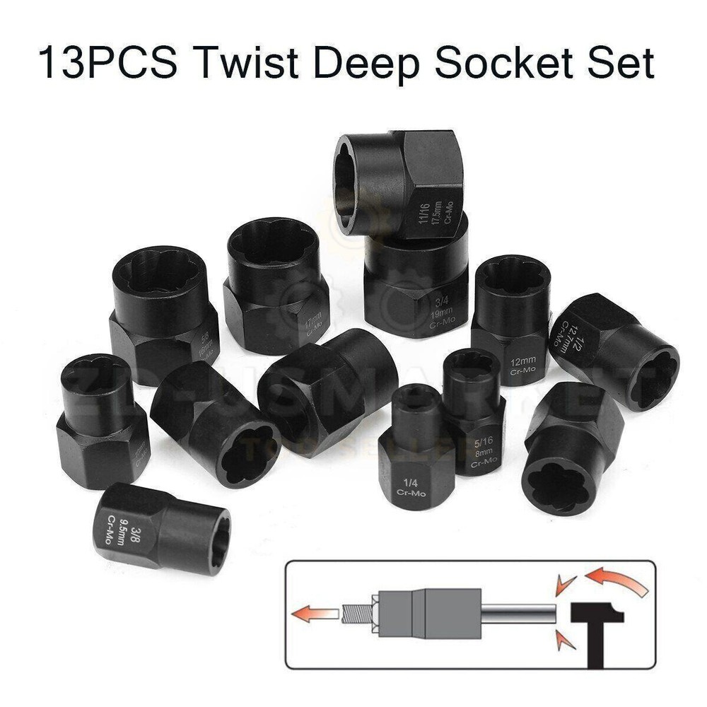 13pcs Bolt Extractor Damaged Lug Nut Remover Twist Socket Extractor Tool 8-19mm