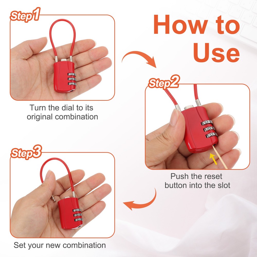 2 Pcs 3 Digit Luggage Cable Combination Lock with 5" Long Cable, Red