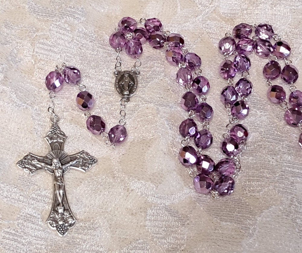 PURPLE VIOLET METALLIC ICE GLASS ROSARY IN SILVER