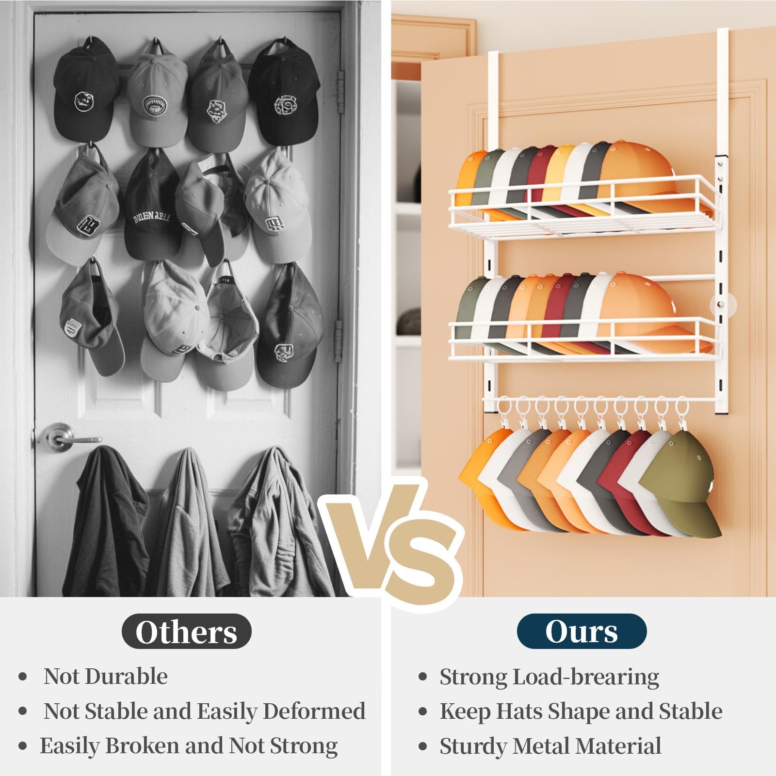 Over Door Hat Organizer 3 Tier Wall Mounted Hat Rack with 2 Adjustable Metal...