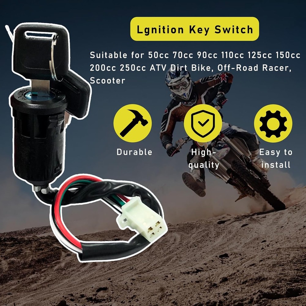 Motorcycle Ignition Switch, 4 Wire Pin Ignition Switch with 2 Keys, Key Locking