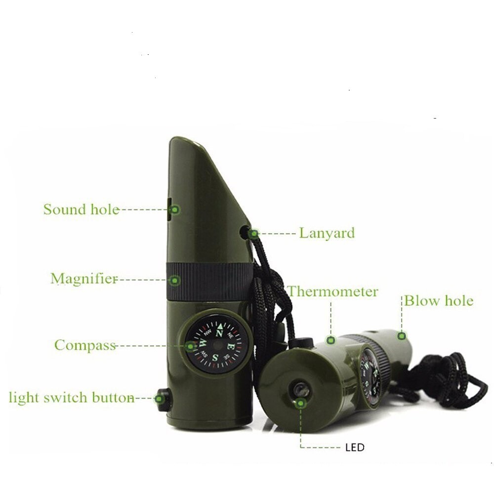 7-in-1 Military Emergency Survival Whistle Kit - Compass, LED Light, Thermometer