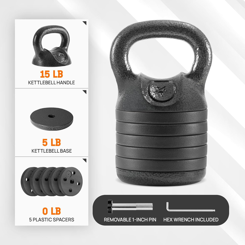 Adjustable Kettlebell Set, 20–40 LB Weight Set, Solid Cast Iron Handle with Spac