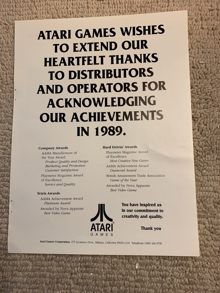 11- 8.5'' Atari Heartfelt Thanks arcade game AD FLYER