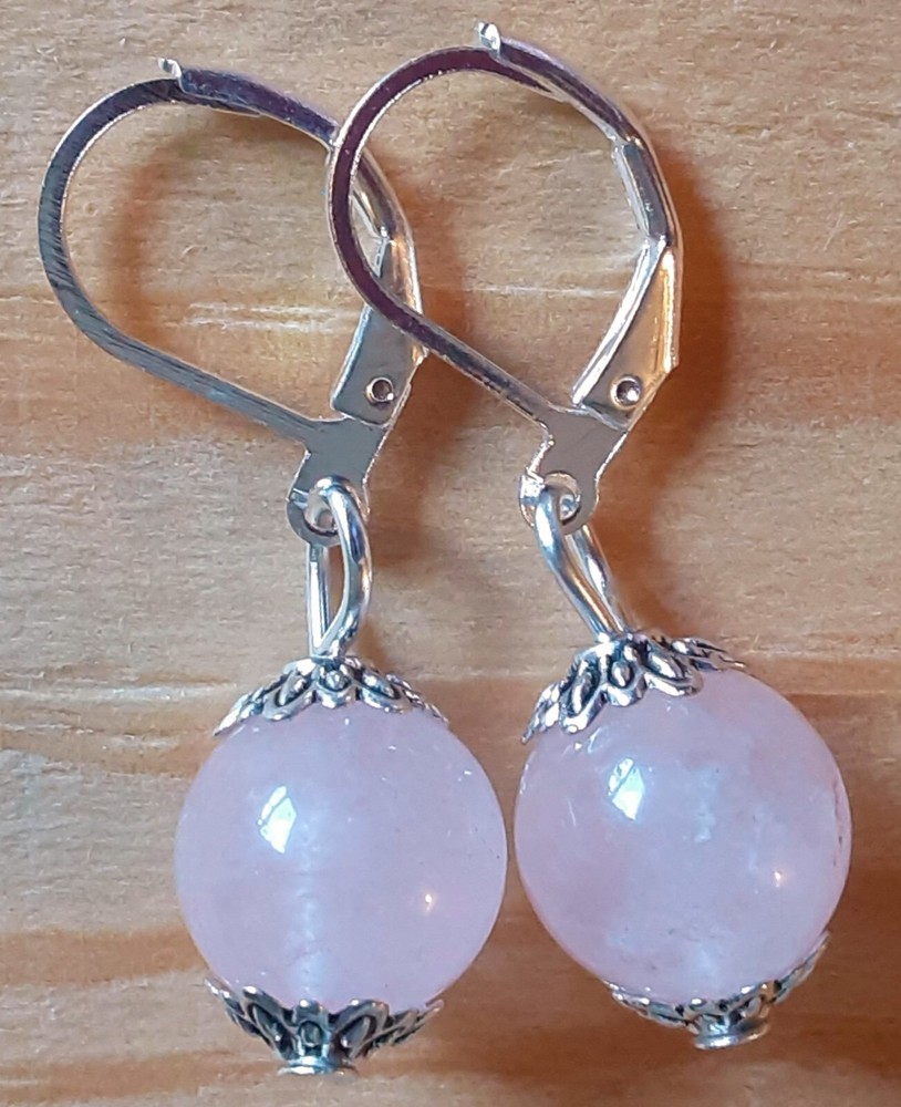 ROSE QUARTZ round simple drop earring SP LEVERBACK HANDCRAFTED WPQ18