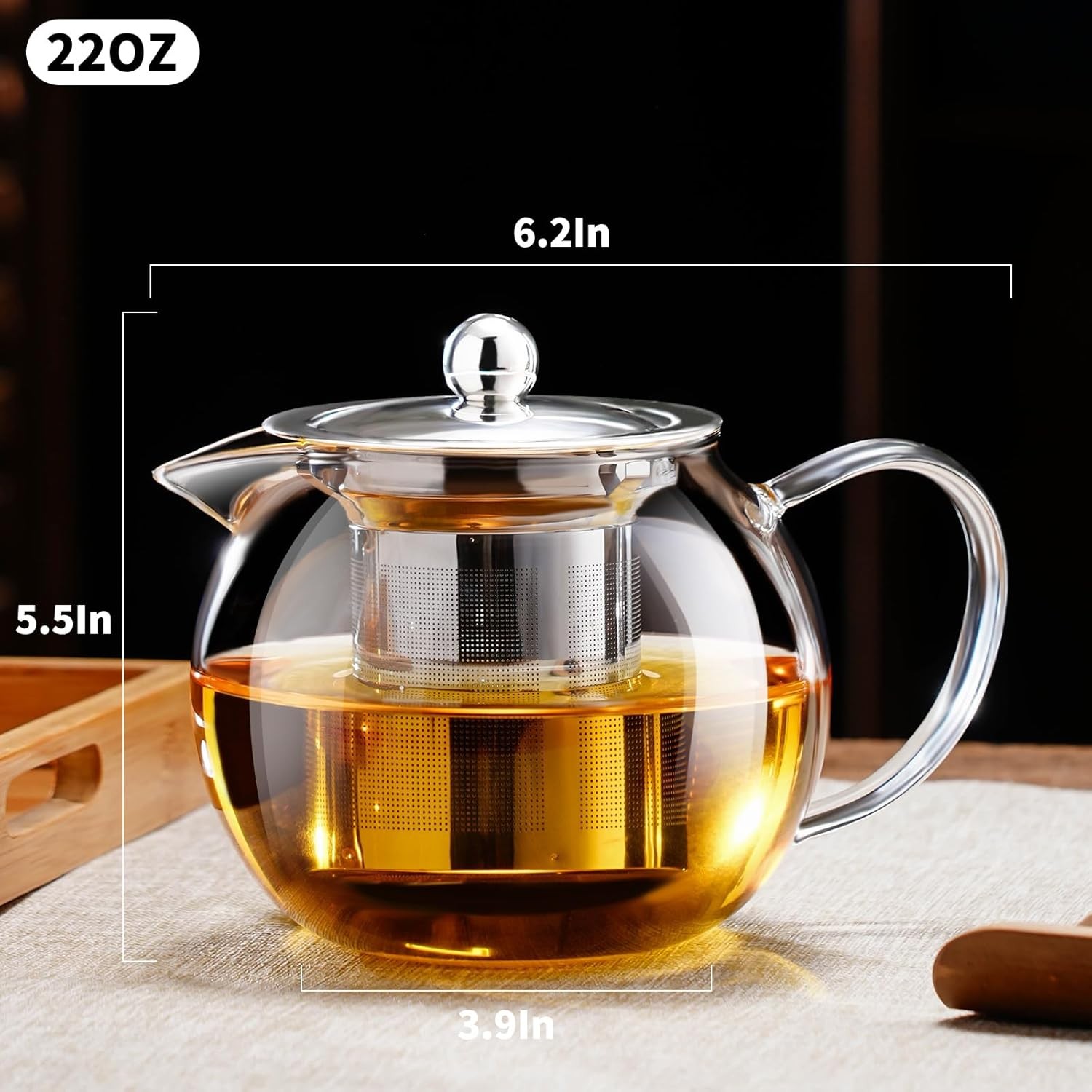 Clear Glass Tea Pot With Steel Infuser Leaf Teapot Stovetop Safe 22Oz 650ml