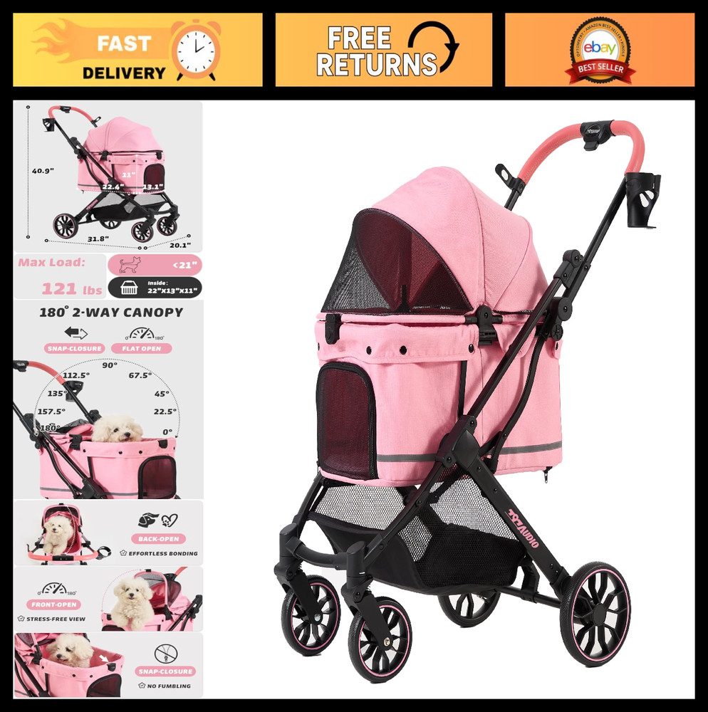 Foldable Dog Stroller for Small Medium Pets, 4-Wheel Shock Absorption, Adjustabl