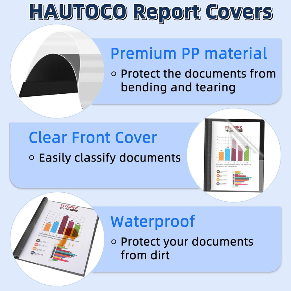 30 Pack Plastic Report Covers with 3-Prong Fasteners Clear Front Presentation Fo