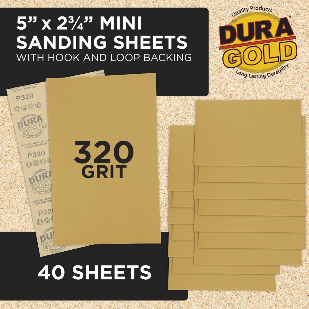 5" x 2.75" Sandpaper Sheets, 320 Grit - 40 Hook & Loop Sheets - Hand Sanding