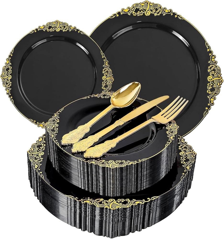 Bla and Gold Plastic Plates - Bla Disposable Dinnerware Set - Vinta