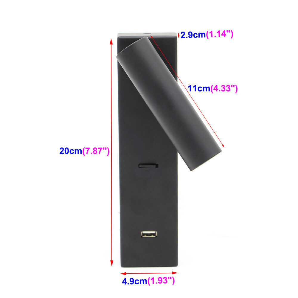 3W LED Wall Sconce Light Fixture Rotatable Bedside Lamp USB Charging Port Switch