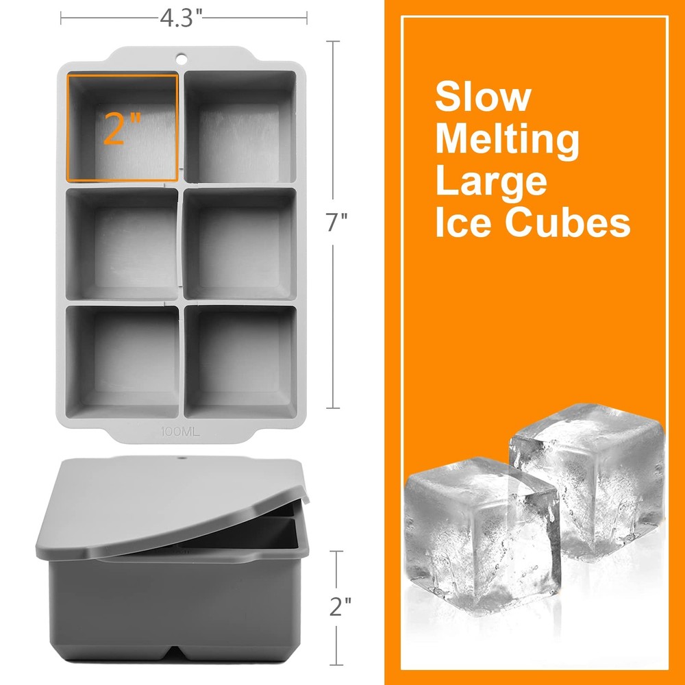 Nax Caki Large Ice Cube Tray with Lid, Stackable Big Standard, Grey(1 Pack)