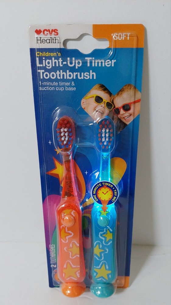2 CVS Children's Light-Up Timer Toothbrush Soft 1-Minute Timer& Suction Cup Base