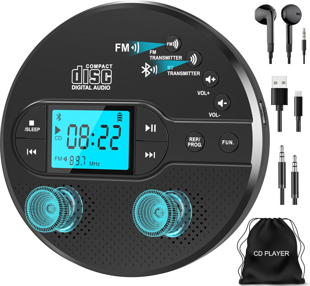 Portable CD Player with Bluetooth, Discman CD Player for Car with FM Transmitter