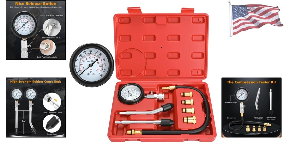 Precision Petrol Engine Compression Tester - 8pc Kit with Adapters Included