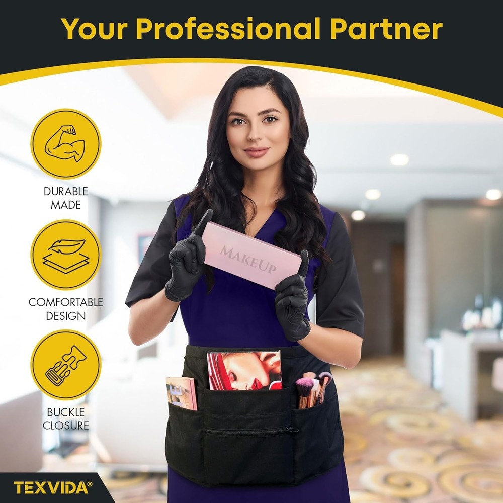 7-Pocket Stain Resistant Black Server Apron with Adjustable Buckle Closure