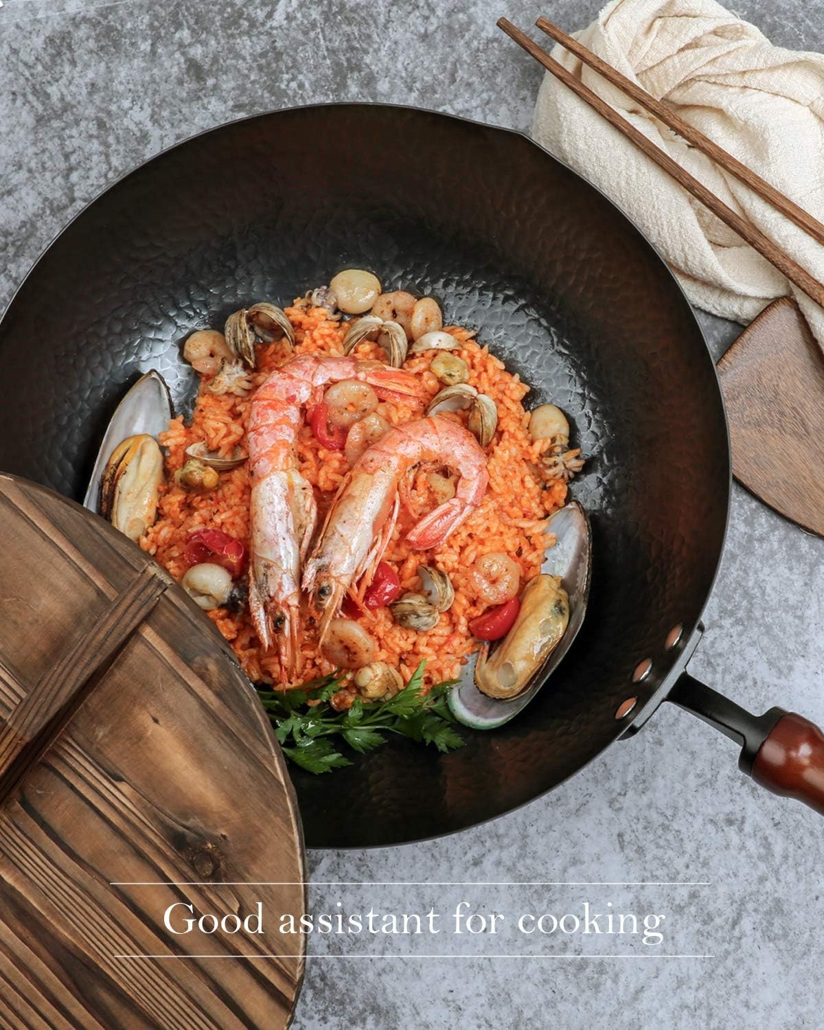 12.5", Woks and Stir Fry Pans with lid, Carbon Steel Wok Cookware Accessories