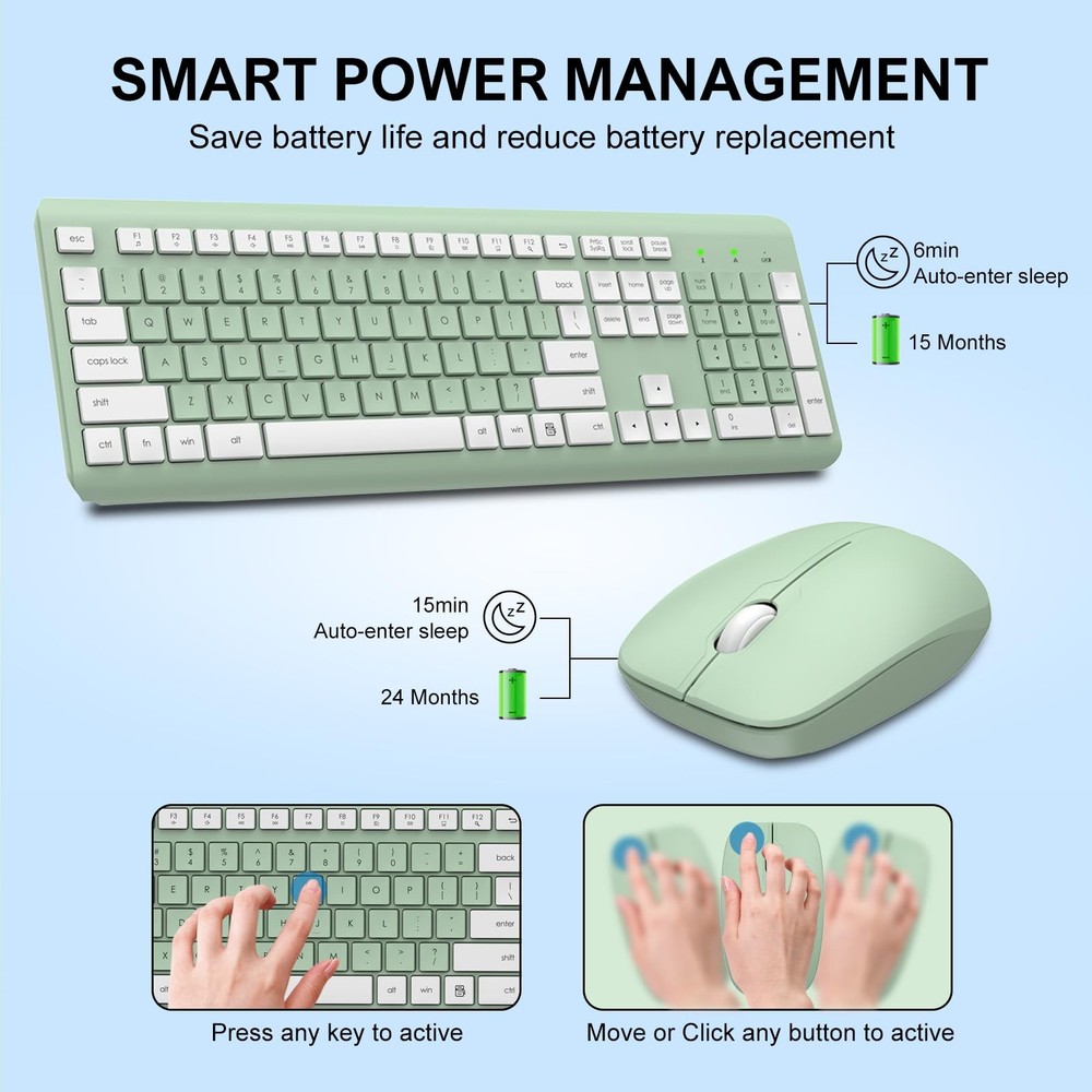 Wireless Keyboard and Mouse Combo FullSize Silent Ergonomic Avocado Green