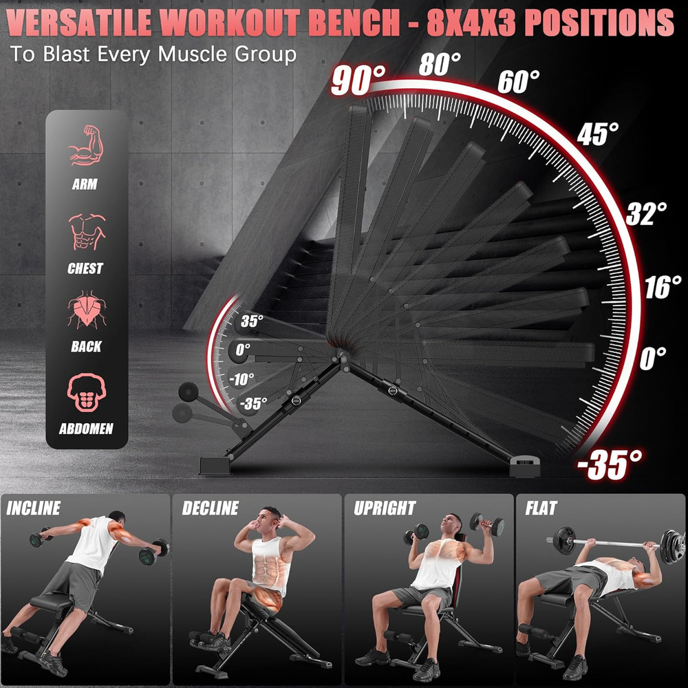 900LBS Foldable Weight Bench Adjustable Incline Decline Flat Workout Bench Press