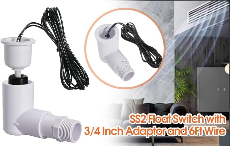 SS2 Float Switch L-Shape with 3/4 Inch Adaptor and 6Ft Wire for HVAC Drain Pan