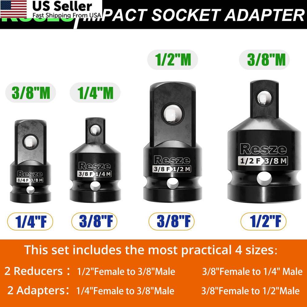 Resze 4PCS Impact Socket Adapter and Reducer Set,1/4" & 3/8" & 4PC, Black