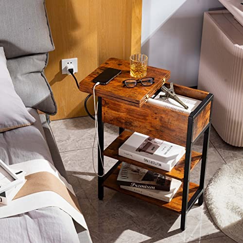 End Table with Charging Station, Flip Top Side Table with USB Berry Brown