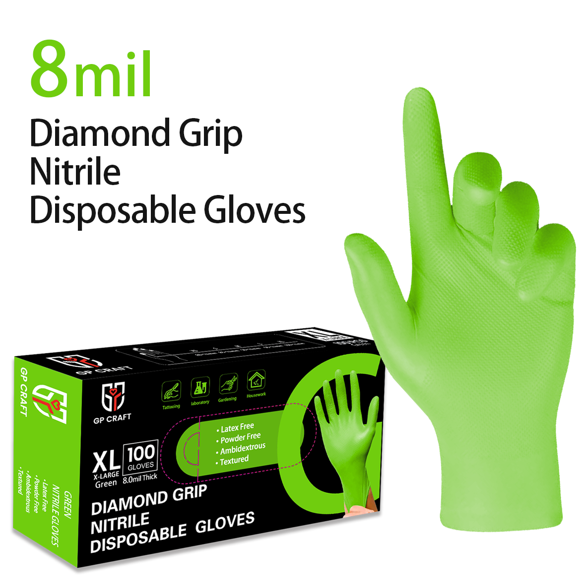 GP Craft Green Nitrile Gloves Disposable Latex-Free (100/count) 8 Mil Thick
