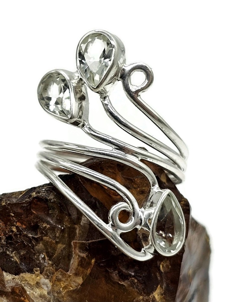 Prasiolite Wrap Around Ring, Size R, Sterling Silver, Three Stone Ring, Green