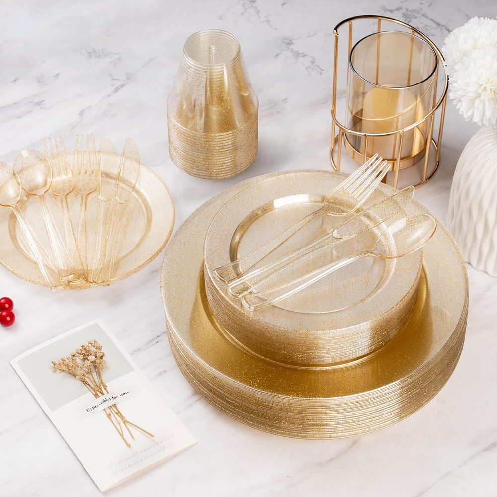 600 Piece Gold Glitter Disposable Plates Set for Party Dinnerware