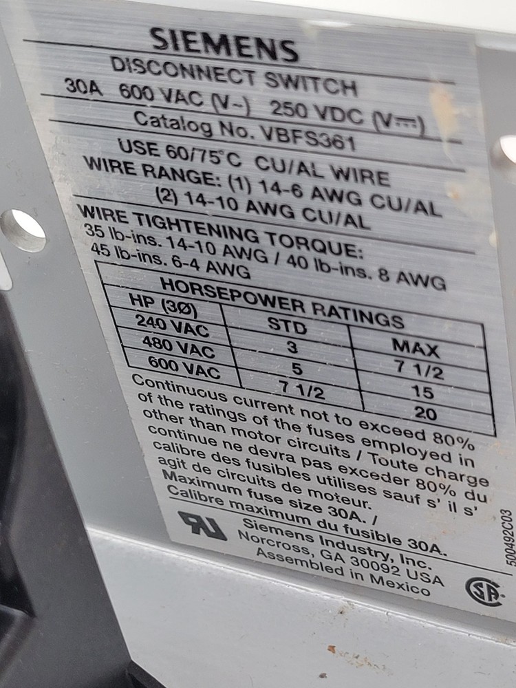Siemens VBFS361 Panel Mounted Disconnect Switch 3P 30A 600V