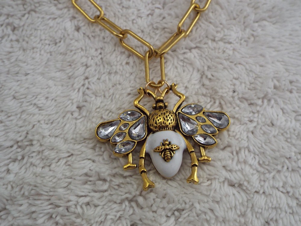 Goldtone White Bee Bug Pendant Necklace (C40)