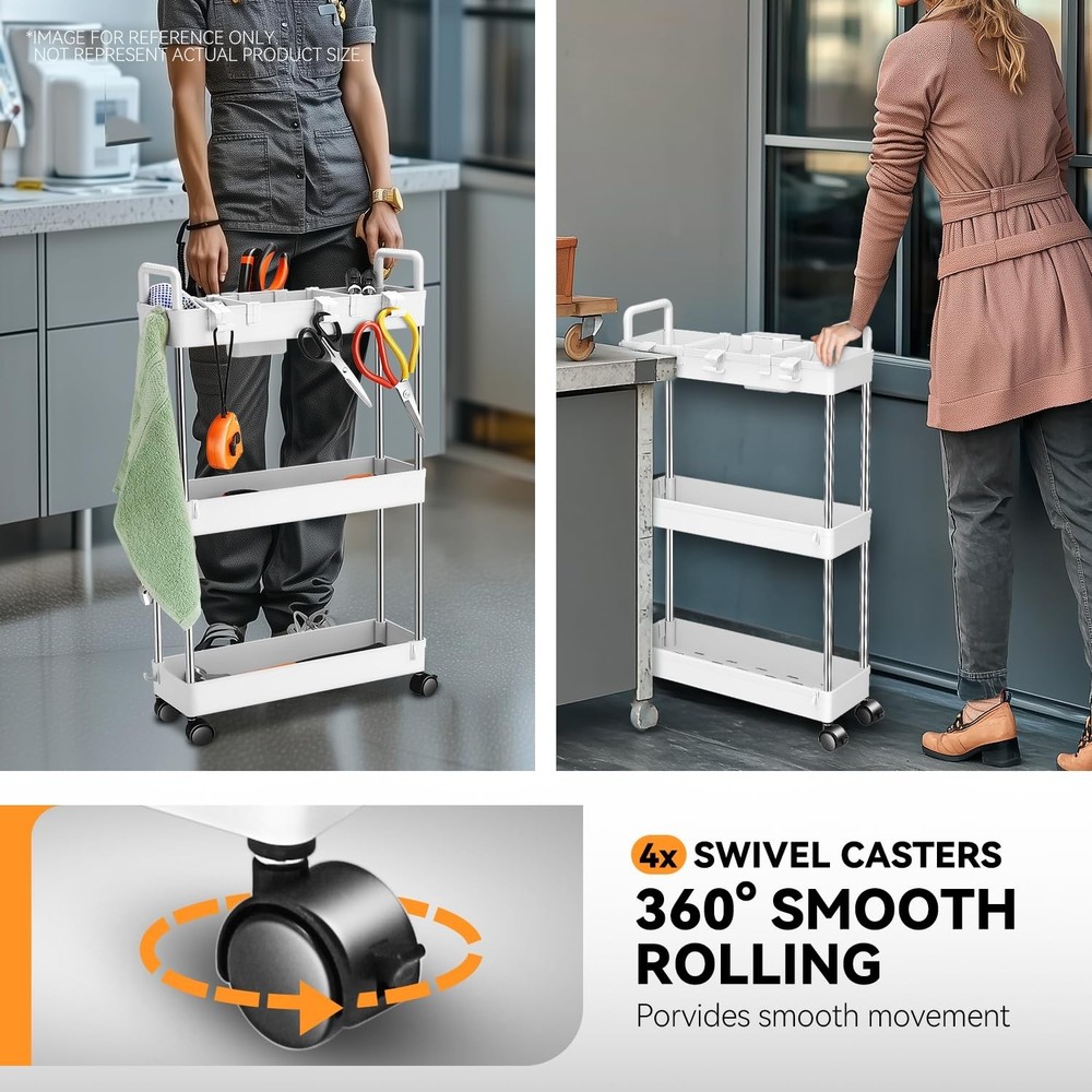3 Tier Slim Rolling Cart with Handle, Multifunction Utility Storage Rolling C...