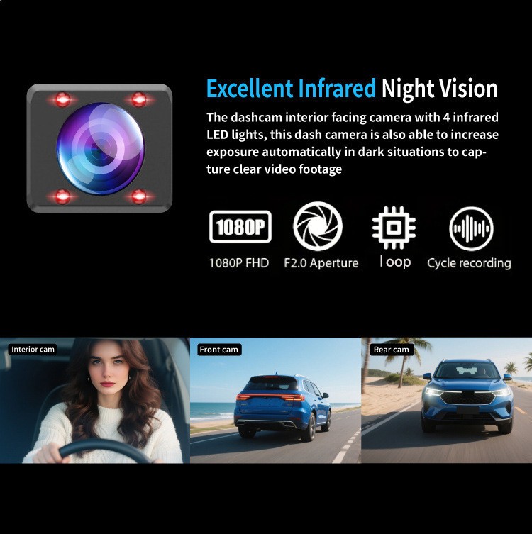 Three Lens Car Interior Dash Camera HD 1080P DVR Video Recorder Loop Recording