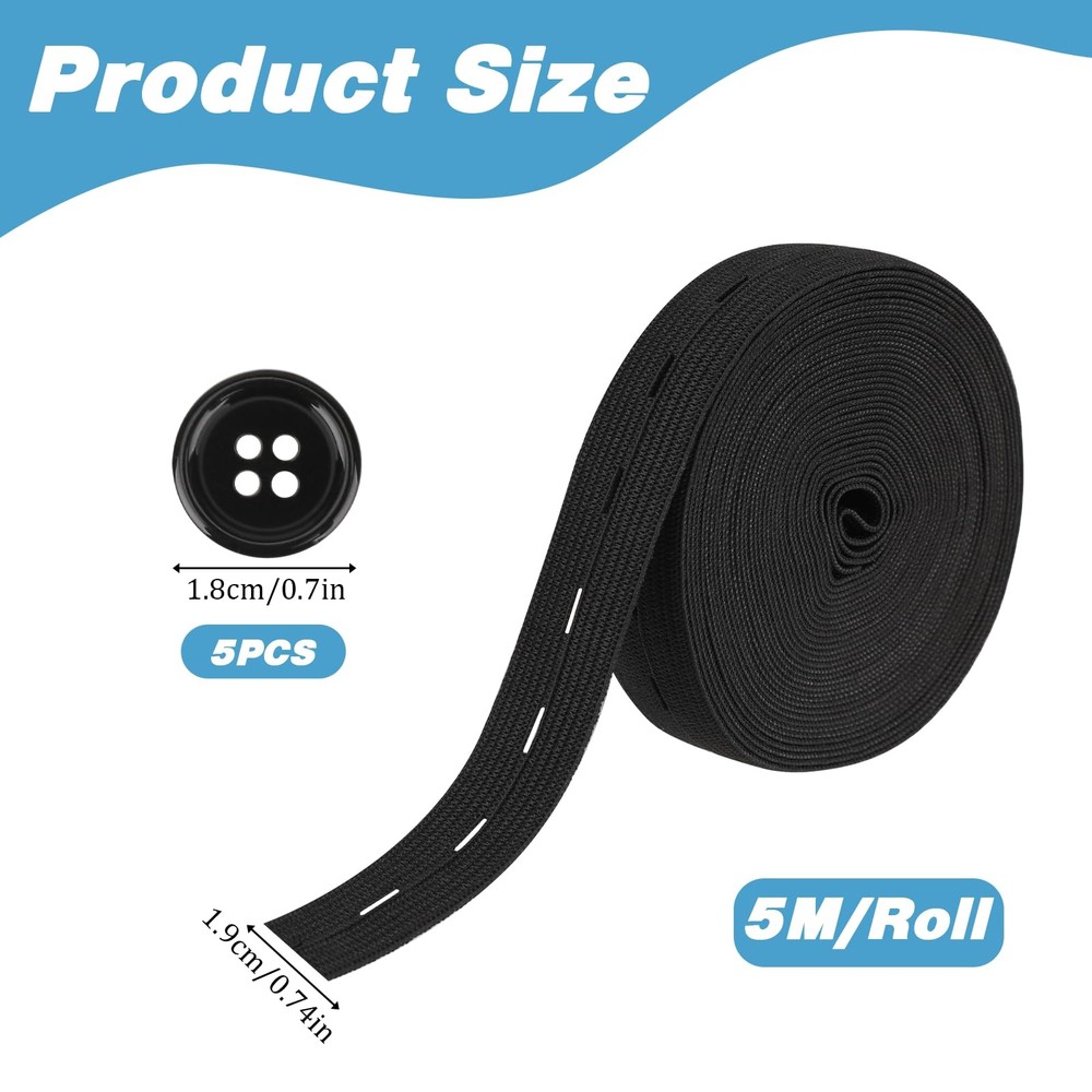 Flat Sewing Band with Buttonholes,3/4 Inch Elastic String Strap Black