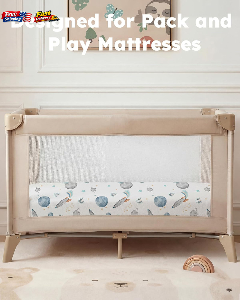 2-Pack Pack and Play Sheets 38x26" Mini Crib Fitted Sheets Blue Rocket Soft 2ct