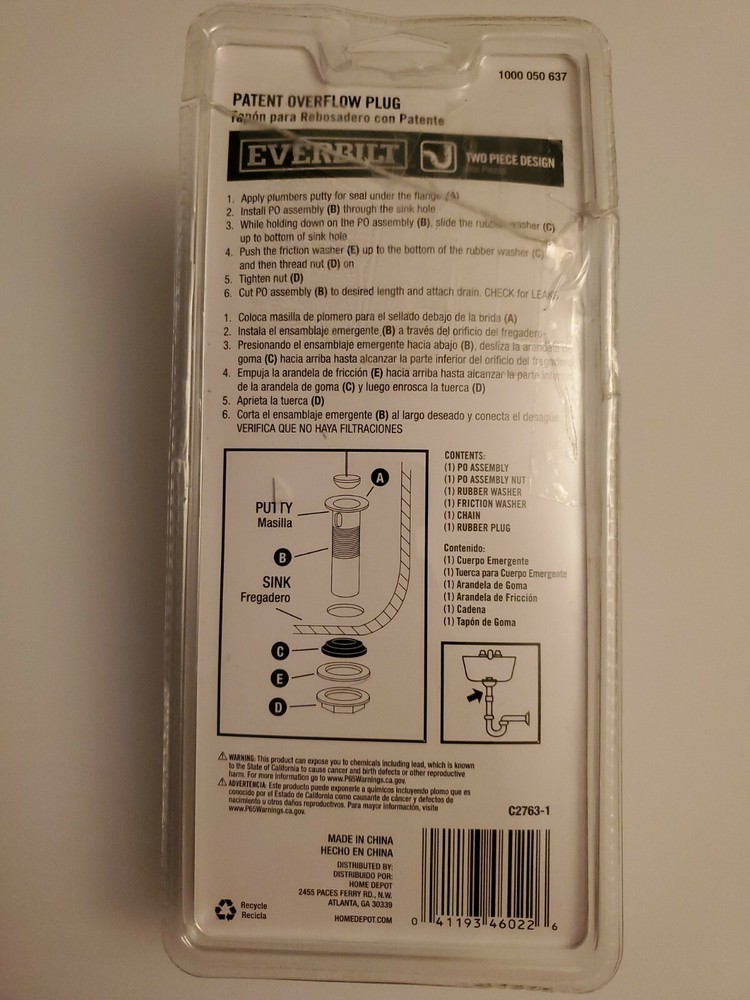 Everbilt 1-1/4 in. x 5 in. Overflow Plug - Chrome.