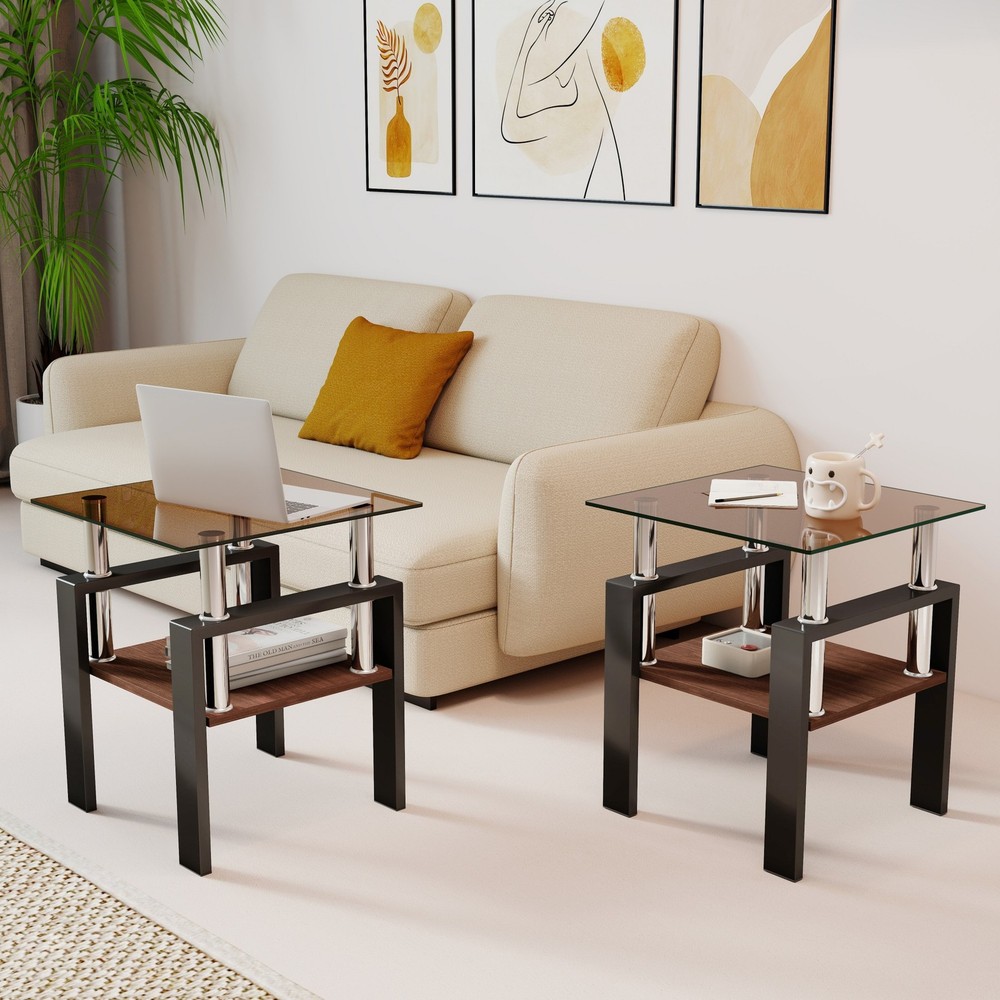 Modern Tempered Glass Set of 2 Coffee Table Tea Table Square Table End Table