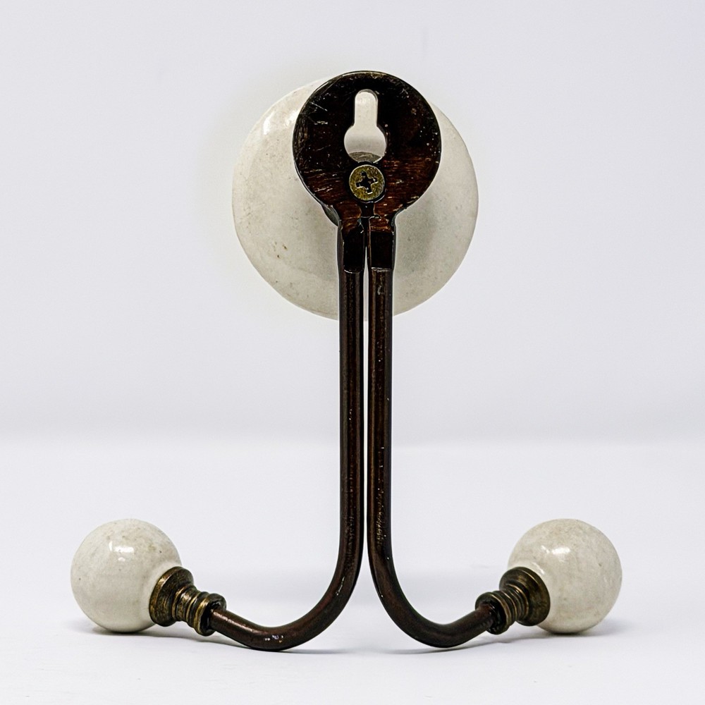 Ornate Brass Double Wall Hook White Ceramic Knobs Rustic Cottage Decor